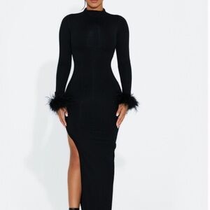 Naked Wardrobe Black Long Sleeve Dress with Feather Cuffs Size XL